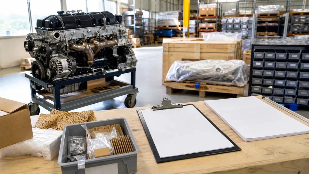 Organized export order desk with an engine specification sheet, blank change record and labeled component trays