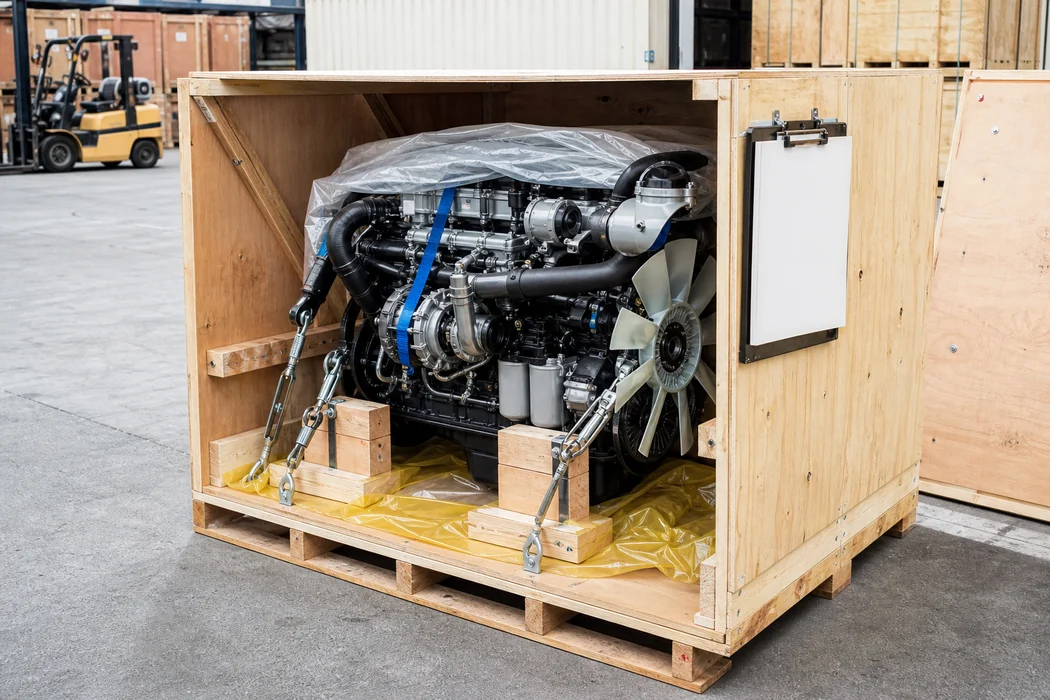 Open wooden engine crate showing restraint materials, blank packing checklist and component protection details