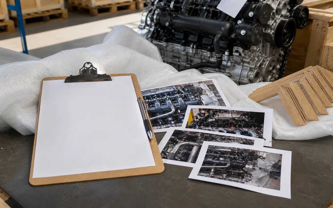 Blank order change record beside an engine configuration photo set and protective packing materials