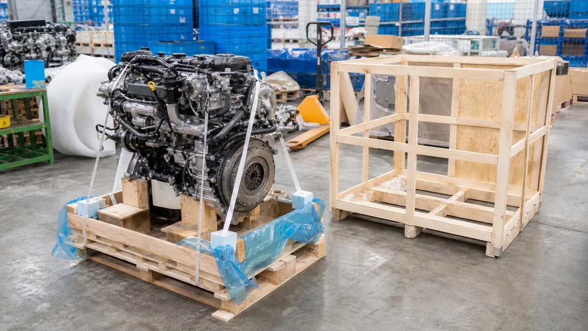 Automotive engine supported on an export pallet beside an open wooden crate in a bright logistics workshop