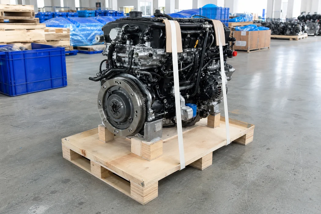 Automotive engine secured on a wooden export pallet with support blocks and wide restraint straps