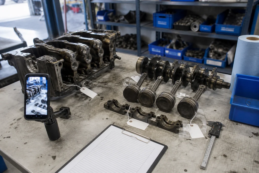 Inspection bench with generic engine parts, blank checklist and a phone used to compare photos