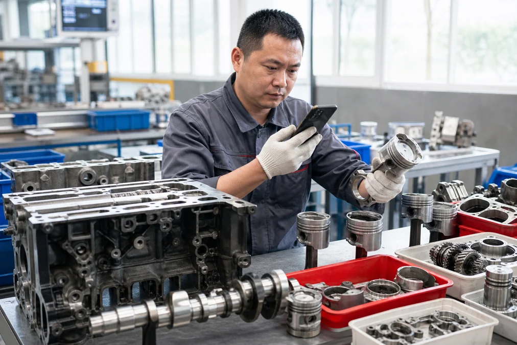 Professional Chinese technician reviewing engine components and inquiry notes in a bright workshop
