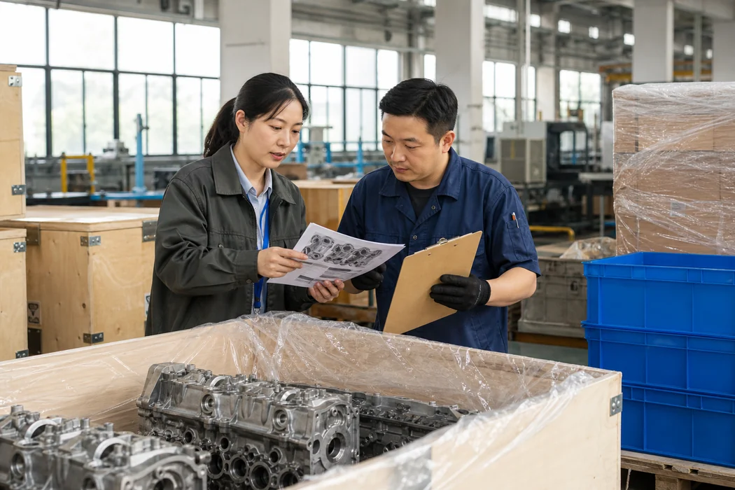 Chinese logistics and trade staff checking a packed engine parts crate with documents