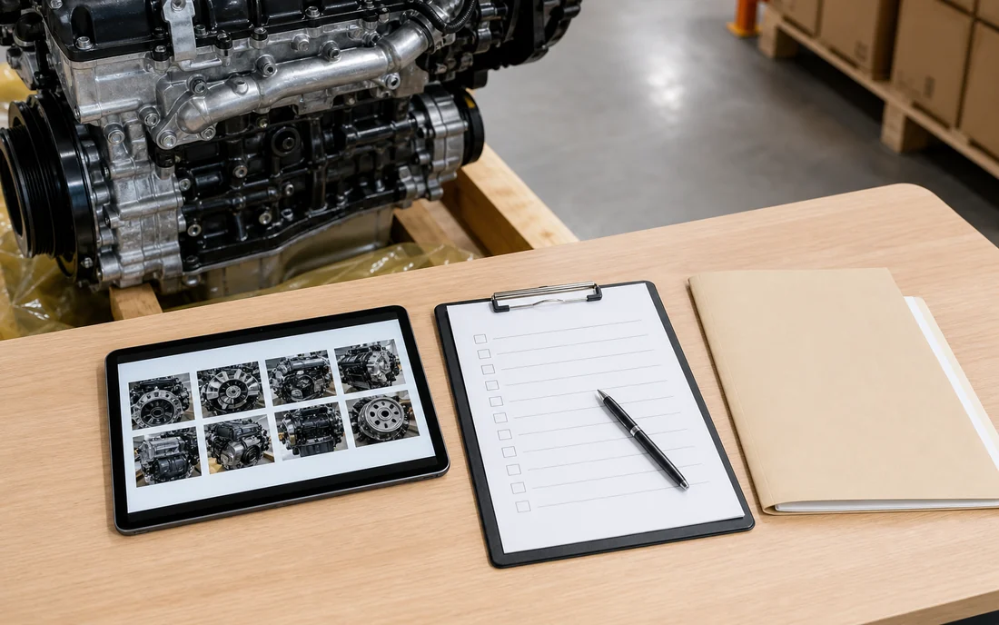Tablet showing generic engine photo thumbnails beside a blank checklist and document folder