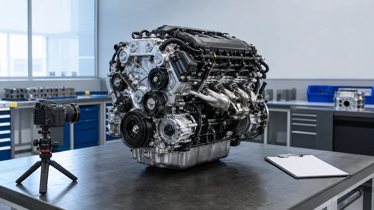Generic replacement engine on an inspection bench with a camera and blank checklist prepared for a photo record