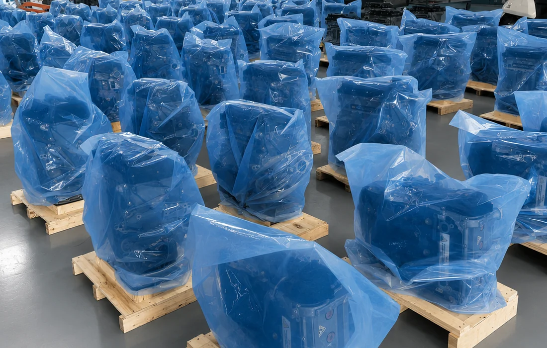 Closer view of covered automotive engines supported on separate wooden pallets in a clean factory storage area