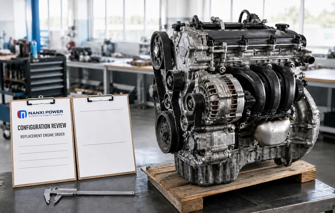 Replacement engine beside a NANXI POWER configuration review document and measuring caliper
