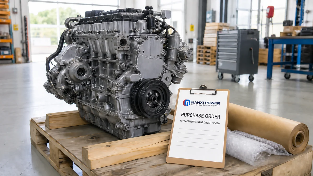 Replacement engine on a pallet beside a NANXI POWER purchase order review clipboard in a bright workshop