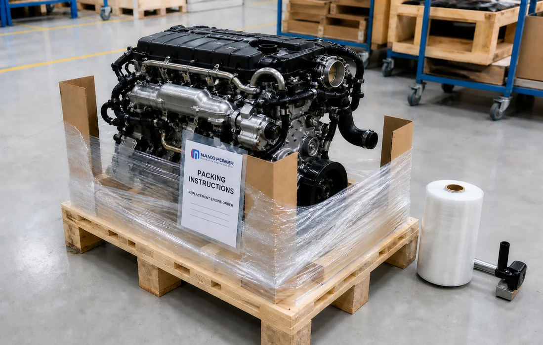 Replacement engine secured on a pallet with a NANXI POWER packing instructions document