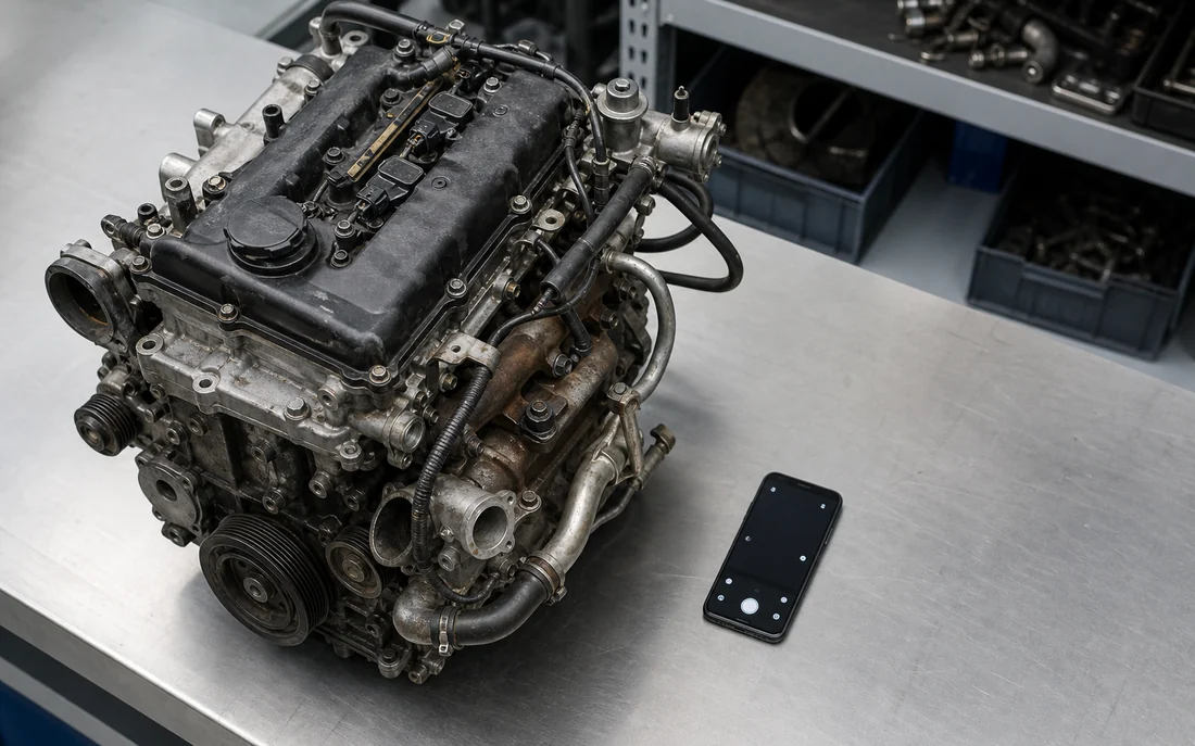 Generic engine on a workshop bench beside a smartphone prepared for taking reference photos