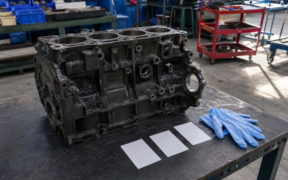 Close view of an unbranded engine core with blank photo-reference cards and protective gloves