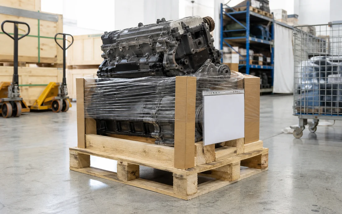 Unbranded engine core secured on a pallet with protective wrap and a blank document pouch
