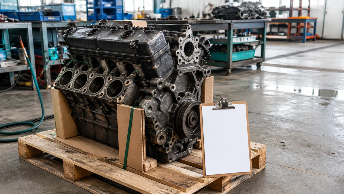 Unbranded automotive engine core on a pallet beside a blank inspection clipboard in a bright workshop