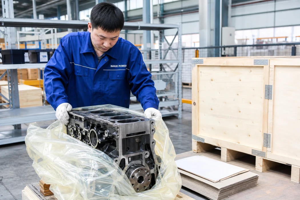 Chinese logistics technician checking short block packing materials and documents in a bright factory area