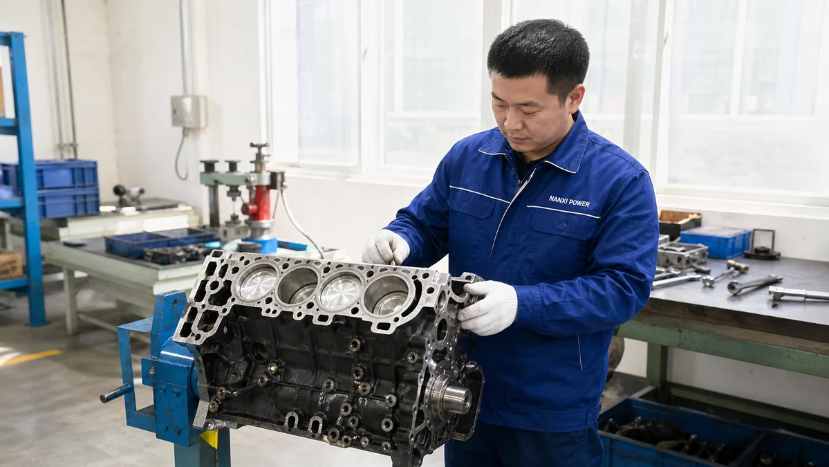 Chinese engine technician reviewing a short block on an inspection bench in a bright workshop