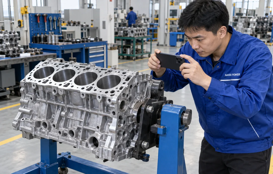 Chinese technician photographing an unbranded cylinder block for configuration review