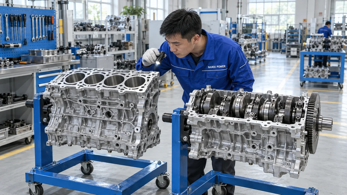 Chinese technician comparing an unbranded cylinder block and short block in a bright workshop