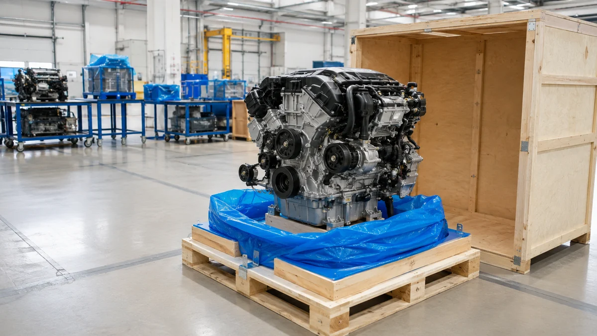 Unbranded automotive engine on an export pallet beside an open wooden crate in a bright warehouse