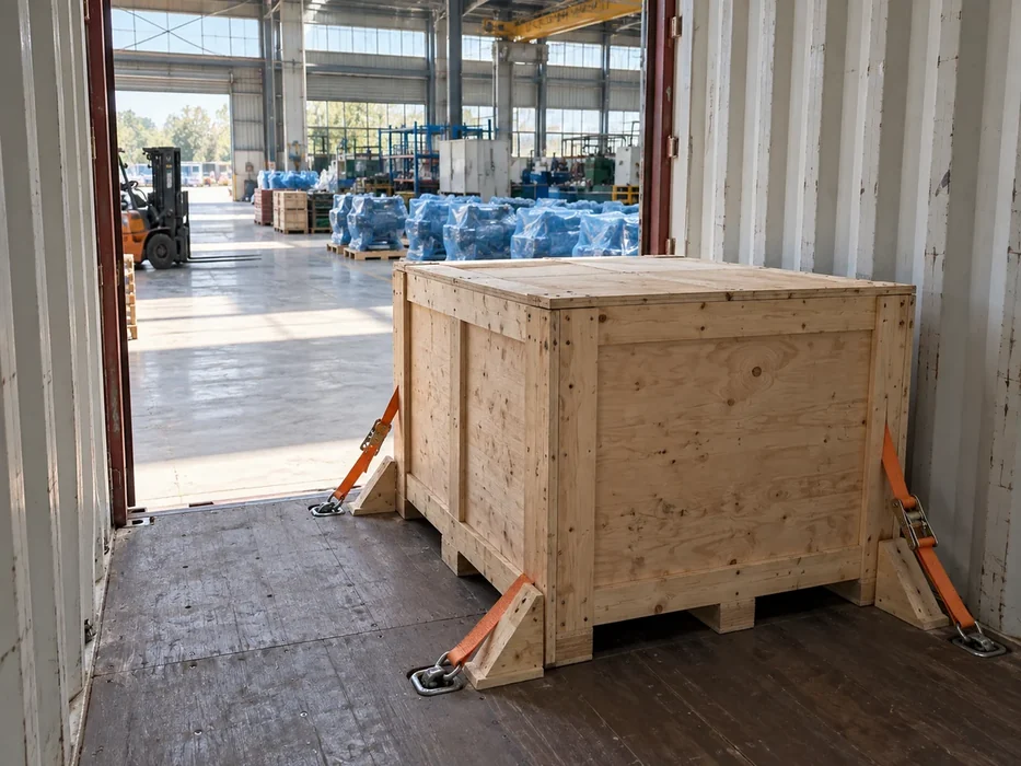 Wooden cargo crate positioned inside a shipping container at a warehouse handover point