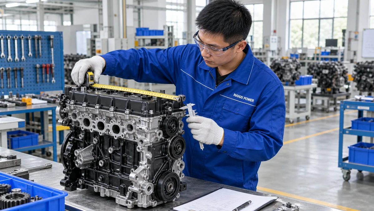 Chinese engine technician measuring an unbranded replacement engine with a tape measure and caliper in a bright workshop