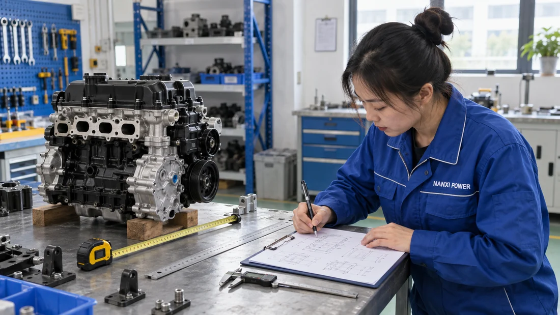 Chinese coordinator recording engine measurement reference points beside an unbranded engine in a bright workshop