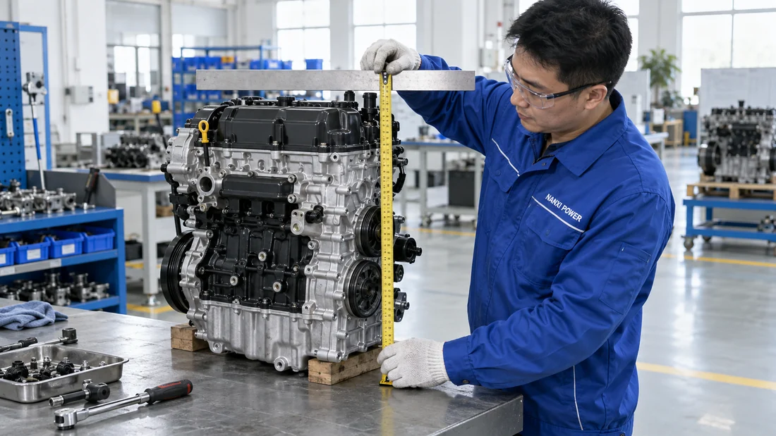 Chinese technician checking the overall height of an unbranded engine with a straightedge and tape measure