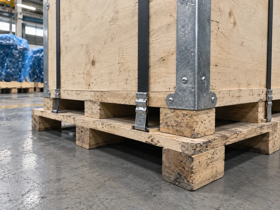 Close view of bands and timber supports securing a wooden engine crate to a pallet