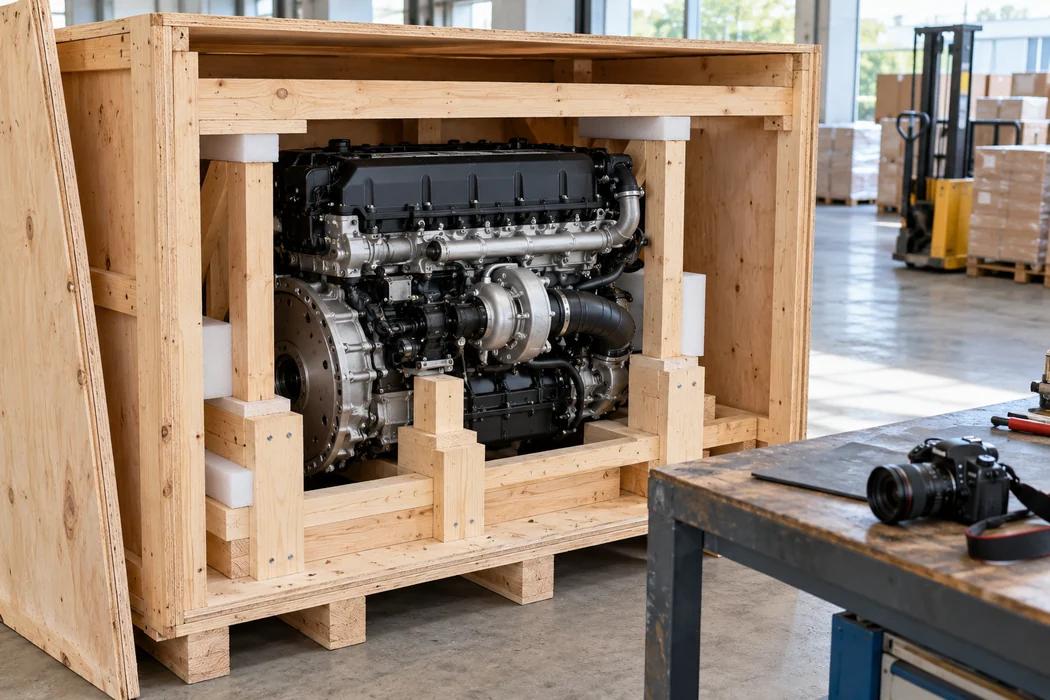 Replacement engine secured inside a neutral wooden shipping crate with a camera nearby