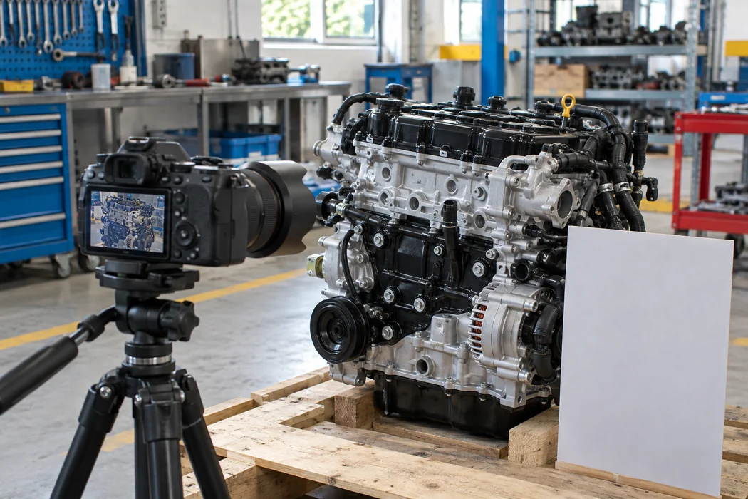 Camera positioned to document a replacement engine in a bright workshop