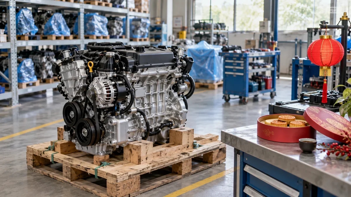 Replacement engine on a pallet with a red lantern and mooncakes for Mid-Autumn and China National Day