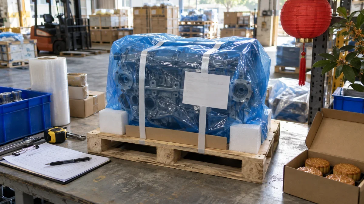 Engine packing area with a red lantern and mooncakes beside a secured pallet