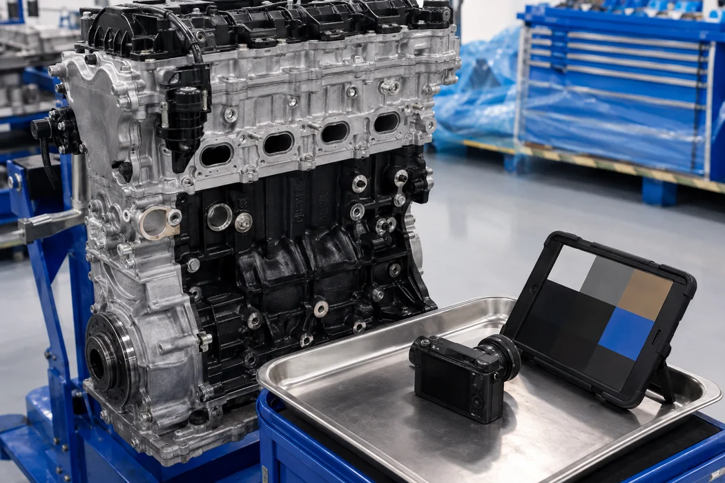 Unbranded automotive engine beside a generic camera and tablet in a bright workshop