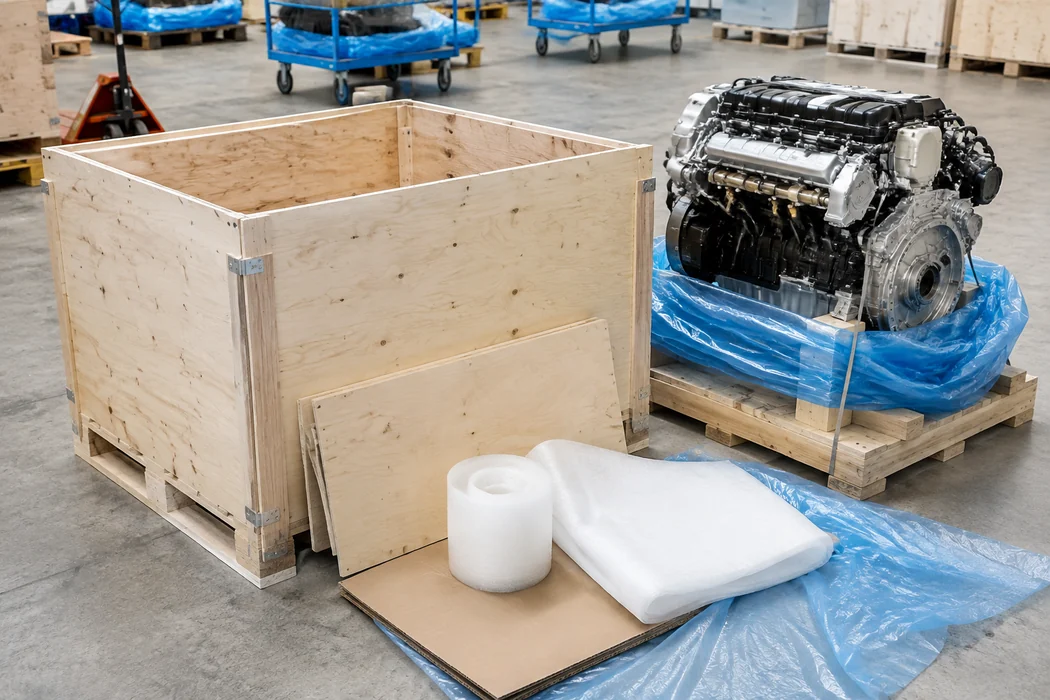 Unbranded automotive engine and plain wooden crate materials in a bright export packing area