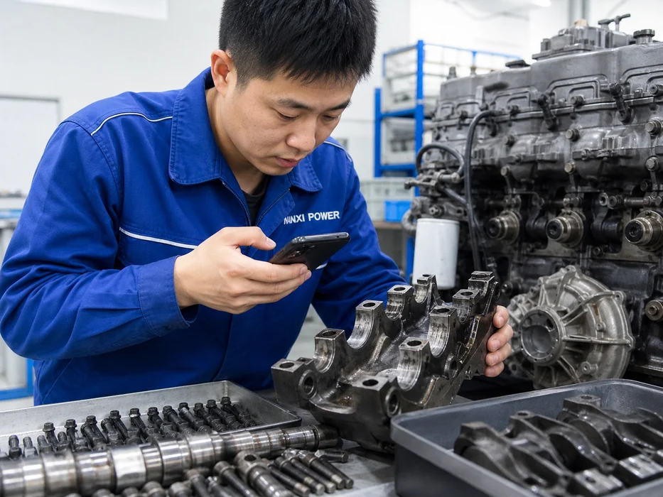 Chinese technician photographing an unbranded engine component during an evidence review