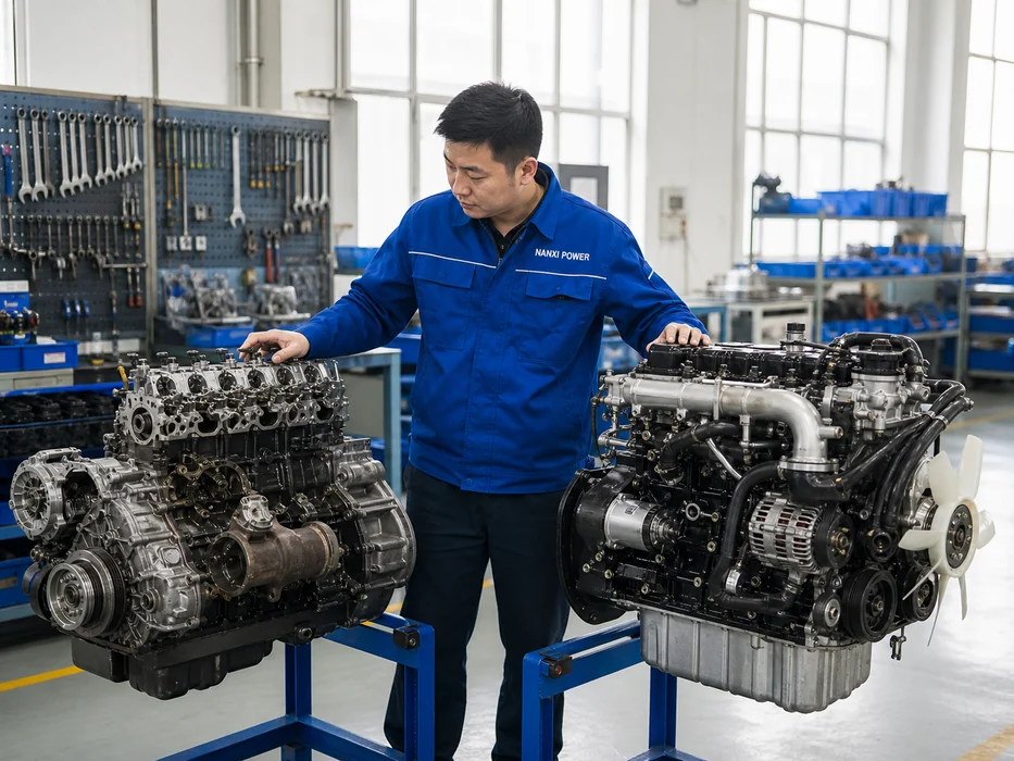 Chinese technician comparing two unbranded engine configurations on work stands