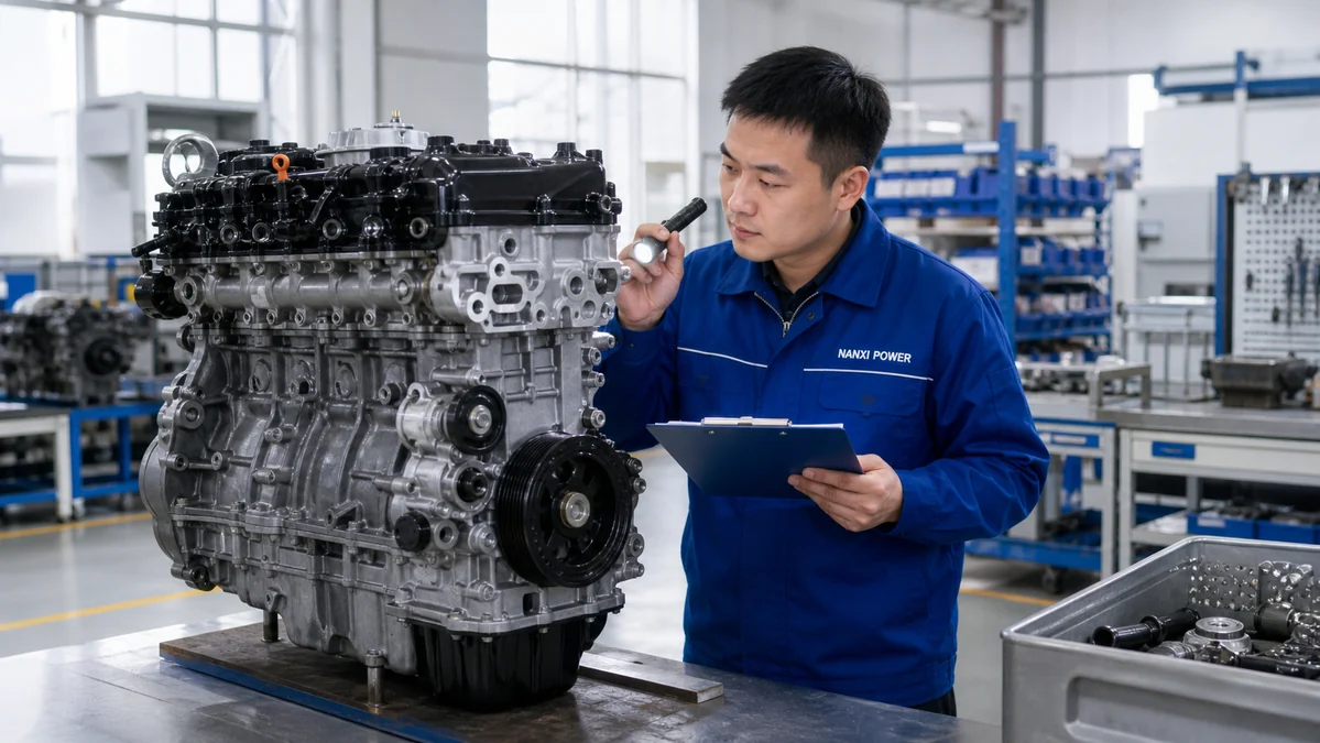Chinese engine technician inspecting an unbranded replacement engine in a bright workshop