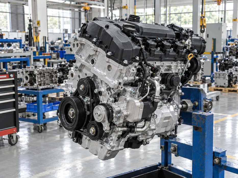 Close view of a replacement engine assembly showing visible hoses and accessory positions without readable identifiers