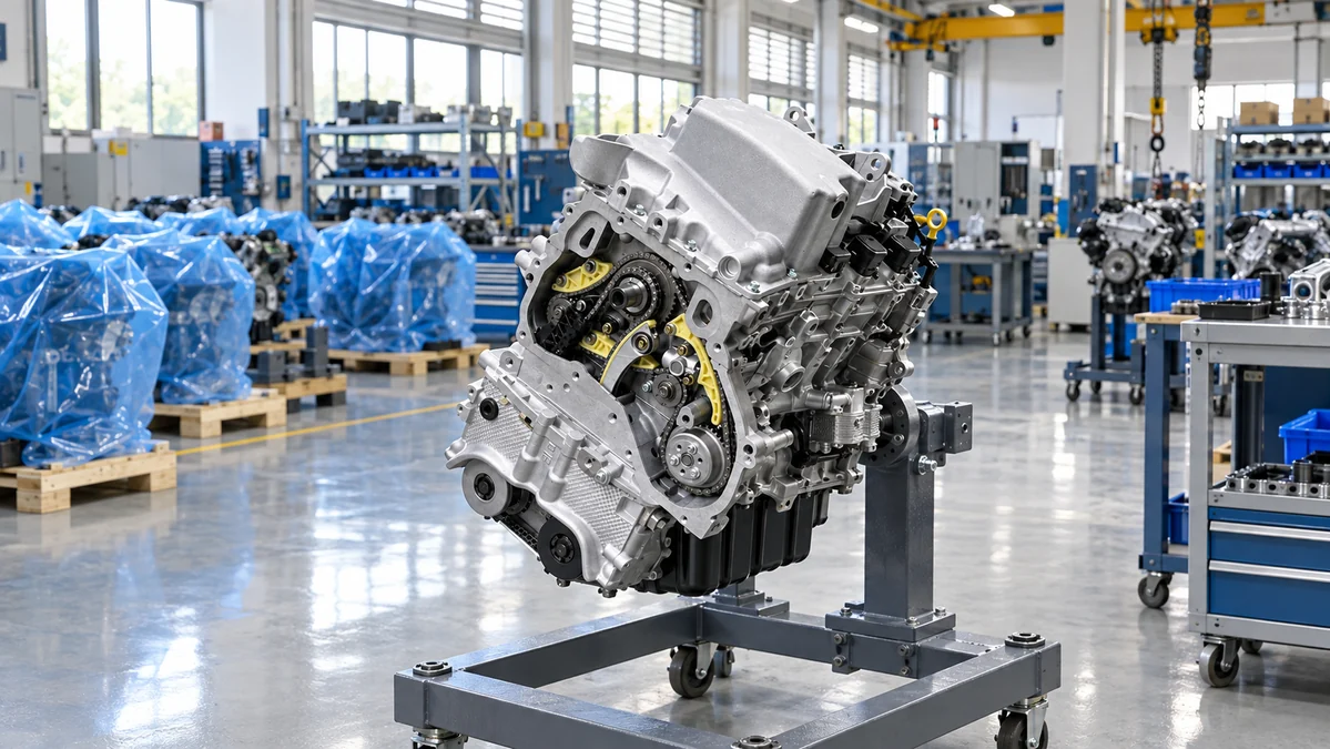 Unbranded replacement engine on a stand in a bright workshop, photographed for a product listing