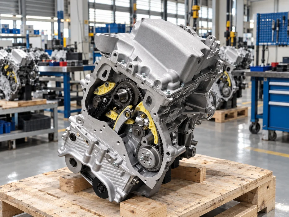 Three-quarter overview of an unbranded engine showing its visible configuration in a bright workshop