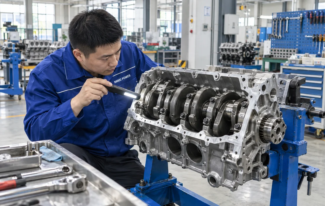 Chinese technician inspecting an unbranded short block with visible lower assembly components