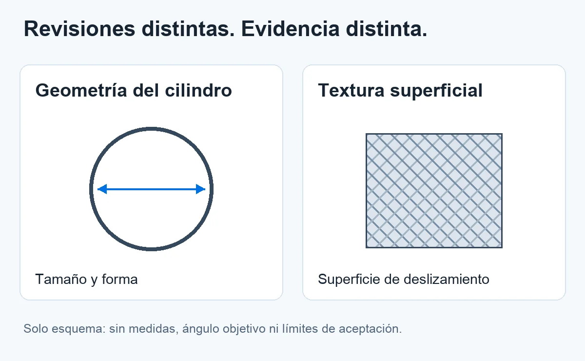 Esquema conceptual que distingue el tamaño y la forma del cilindro de la textura superficial; no indica medidas, ángulo objetivo de bruñido ni límites