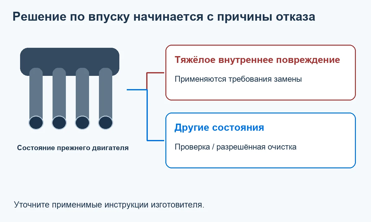 Схема решения отделяет тяжёлое внутреннее повреждение двигателя от других условий проверки впускного коллектора; уточните критерии изготовителя
