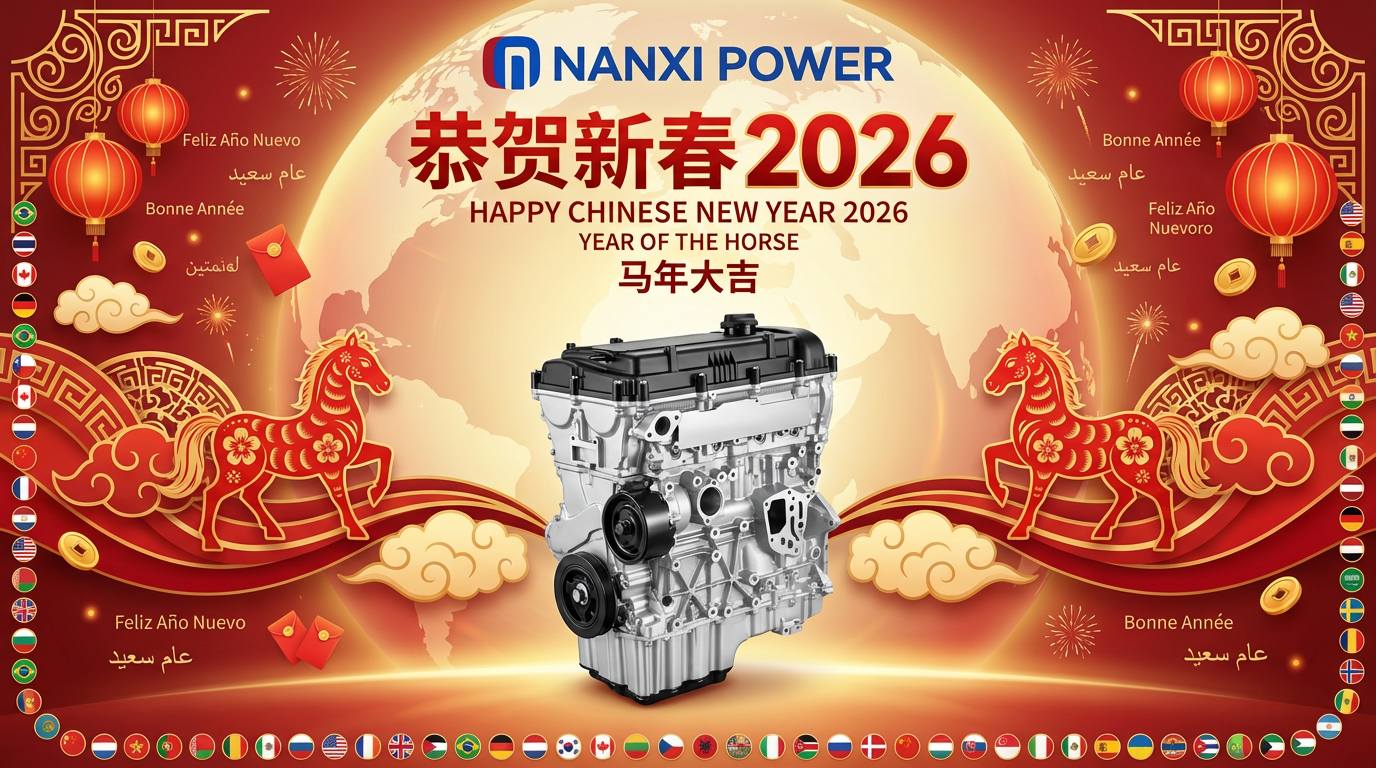 Новогодняя открытка NANXI POWER к Китайскому Новому году 2026, году Лошади, с поздравлениями на разных языках