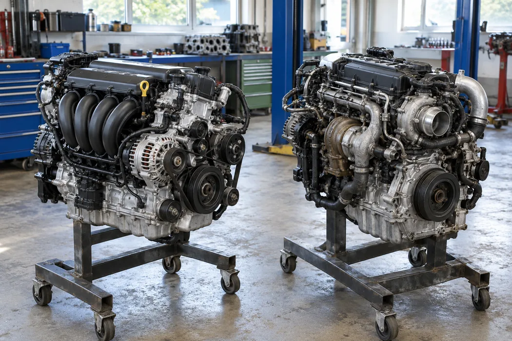 Dos conjuntos de motor genéricos distintos sobre soportes separados en un taller iluminado