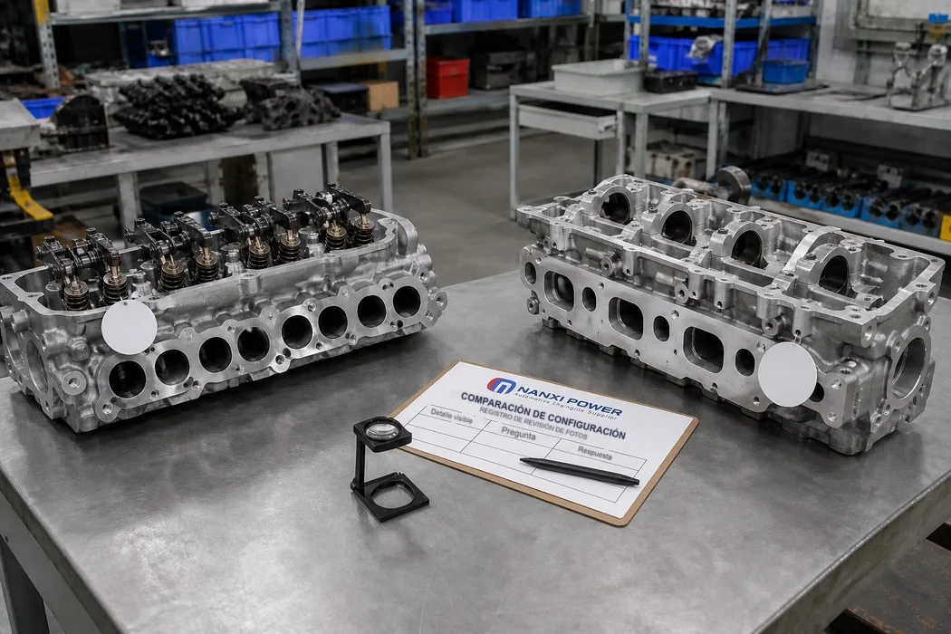 Dos cabezas de cilindros sin marca con distinta configuración junto a un registro de comparación de NANXI POWER