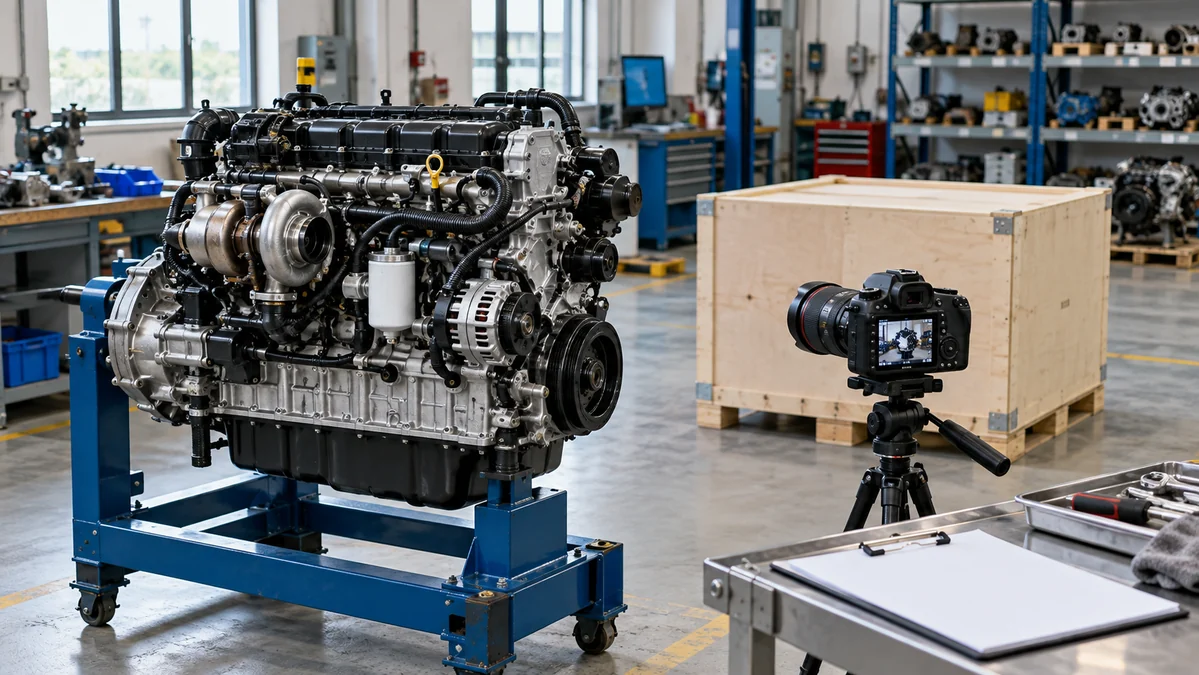Motor de reemplazo y cámara preparados para documentación visual en un taller iluminado