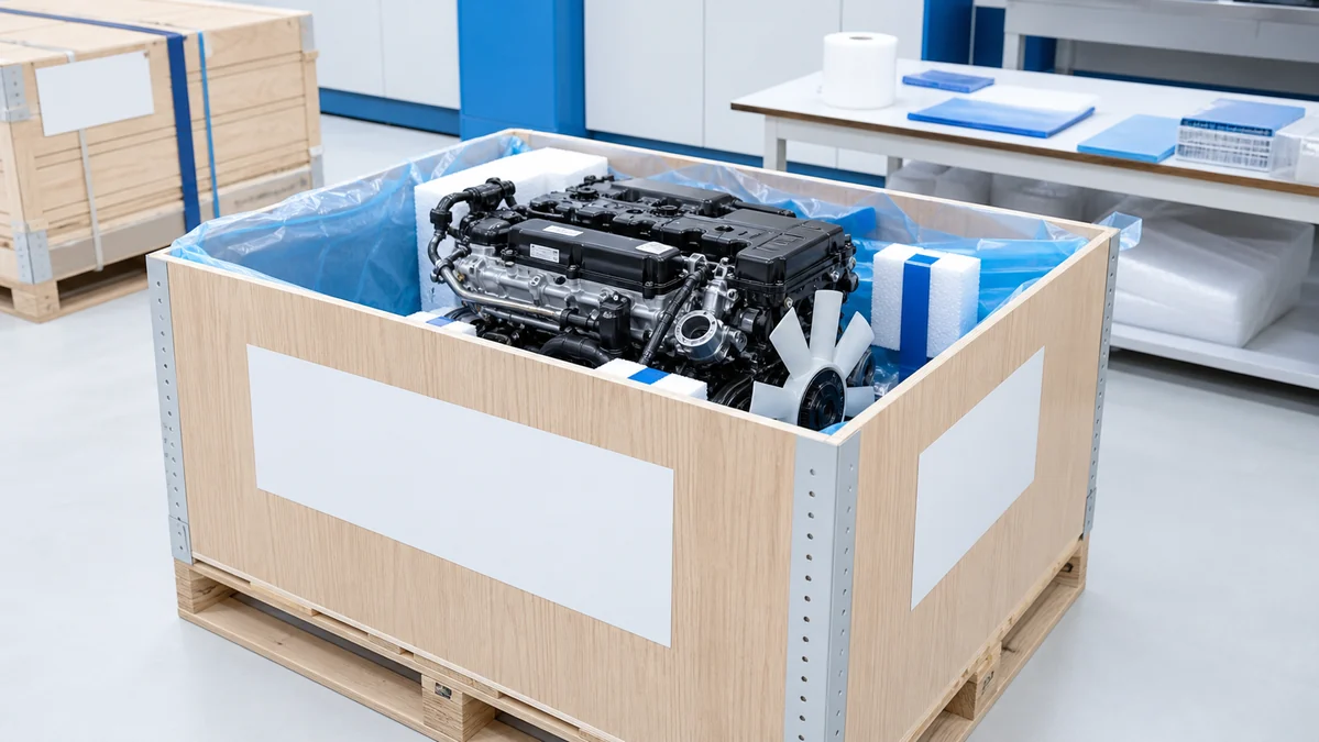 Embalaje neutral de un motor con una caja de exportación limpia y etiquetas de envío ordenadas
