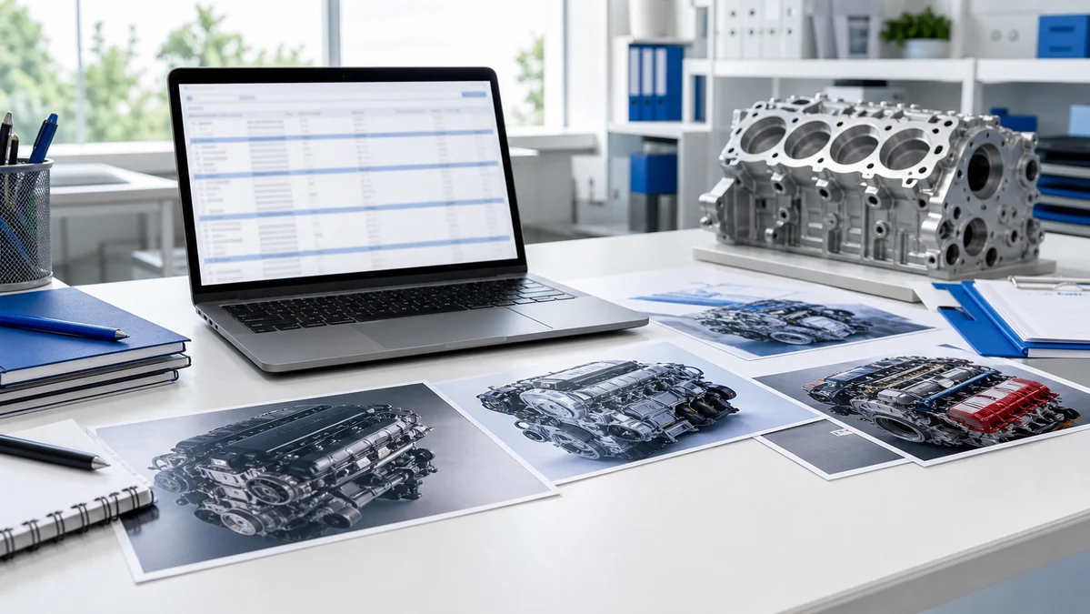 Distribuidor preparando una consulta estructurada de motores de varios modelos con fotos de referencia