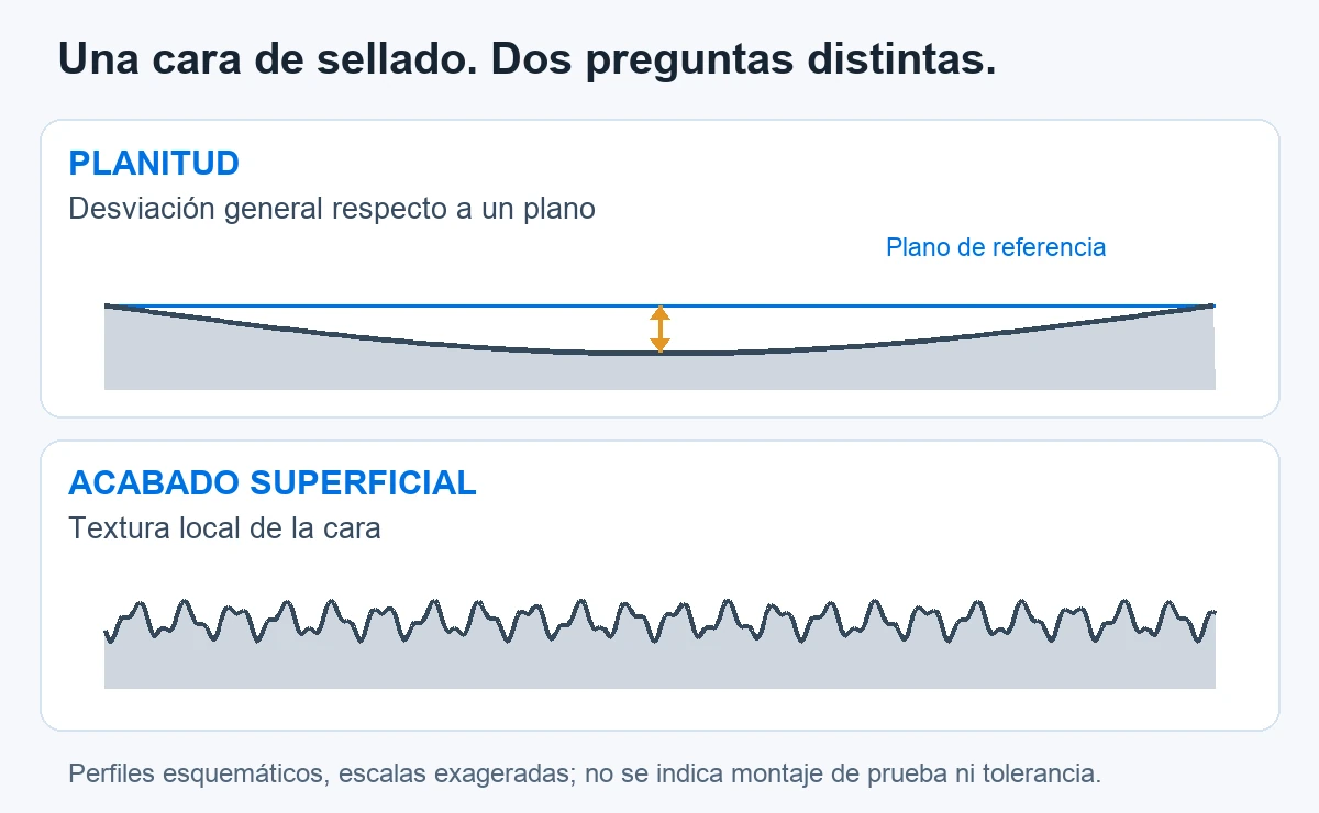 Perfiles conceptuales que distinguen la planitud general de la textura local de la superficie; ninguno especifica un montaje de prueba ni una tolerancia